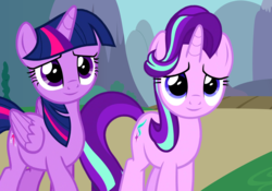 Size: 1532x1072 | Tagged: safe, edit, edited screencap, editor:mycarhasamoustache, screencap, starlight glimmer, twilight sparkle, alicorn, pony, unicorn, g4, the times they are a changeling, duo, duo female, female, lidded eyes, smiling, twilight sparkle (alicorn)