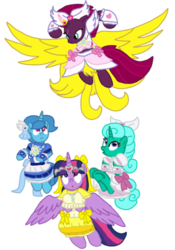 Size: 758x1080 | Tagged: safe, artist:徐詩珮, fizzlepop berrytwist, glitter drops, spring rain, tempest shadow, twilight sparkle, alicorn, pony, unicorn, series:ponies in precure universes, g4, alicornified, base used, bisexual, broken horn, female, horn, lesbian, mare, polyamory, precure, race swap, ship:glitterlight, ship:glittershadow, ship:sprglitemplight, ship:springdrops, ship:springlight, ship:springshadow, ship:springshadowdrops, ship:tempestlight, shipping, simple background, suite precure, transparent background, twilight sparkle (alicorn)
