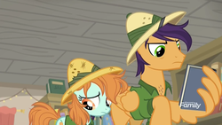 Size: 1920x1080 | Tagged: safe, screencap, endeavour, peach fuzz, earth pony, pegasus, pony, daring doubt, g4, angry, annoyed, book, bookstore, chest hair, daring do costume, female, filly, hat, implied father and daughter, male, pith helmet, sad, stallion, wing hands, wing hold, wings
