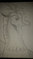 Size: 5312x2988 | Tagged: safe, artist:scottishlunaripoff, discord, draconequus, g4, drawing, male, monochrome, sketch, smug, solo, traditional art