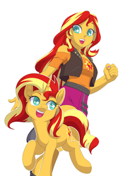 Size: 707x1000 | Tagged: safe, artist:robbiecave, sunset shimmer, human, pony, unicorn, equestria girls, equestria girls series, g4, clothes, colored pupils, cute, cutie mark, ear fluff, human ponidox, open mouth, self ponidox, shimmerbetes, simple background, sunset shimmer day, white background