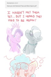 Size: 717x1068 | Tagged: safe, cozy glow, diamond tiara, silver spoon, earth pony, pegasus, pony, ask cozy glow, ask, bow, female, filly, glasses, hair bow, jewelry, necklace, question, simple background, thought bubble, tiara, tumblr, white background