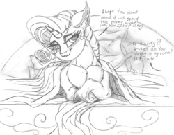 Size: 1724x1344 | Tagged: safe, artist:dimidiummorsumbra, rarity, pony, g4, bed, bedroom eyes, chest fluff, dialogue, ear fluff, female, implied spike, lying on bed, male, offscreen character, pillow, ship:sparity, shipping, sketch, smiling, spike's bed, spike's room, straight, unshorn fetlocks