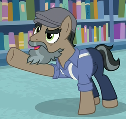 Size: 1043x983 | Tagged: safe, screencap, doctor caballeron, earth pony, pony, daring doubt, g4, bookshelf, clothes, cropped, disguise, fake beard, flat cap, george r.r. martin, groom q.q. martingale, hat, male, pants, pointing, shirt, solo, stallion