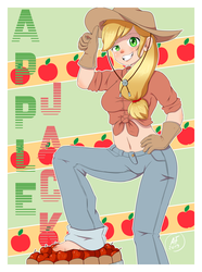Size: 2680x3607 | Tagged: safe, artist:artyfour, applejack, human, g4, apple, barefoot, belly button, clothes, complex background, cowboy hat, feet, female, food, gloves, hat, high res, humanized, jeans, looking at you, pants, shirt, solo, stetson