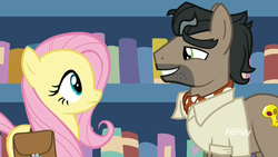 Size: 1920x1080 | Tagged: safe, screencap, doctor caballeron, fluttershy, earth pony, pegasus, pony, daring doubt, g4, bookshelf, eye contact, looking at each other, male, out of context, saddle bag, smiling, stallion