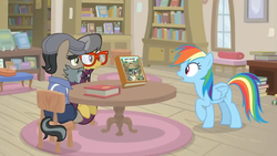 Size: 1600x900 | Tagged: safe, screencap, a.k. yearling, rainbow dash, pony, daring doubt, g4, book, bookshelf, cape, chair, clothes, cup, cushion, disguise, fake beard, george r.r. martin, glasses, groom q.q. martingale, hat, jacket, library, newsboy hat, pen, picture frame, rug, sign, sitting, table, window