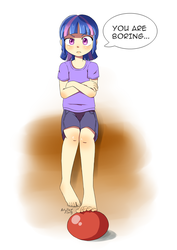 Size: 2480x3507 | Tagged: dead source, safe, artist:artyfour, wind sprint, human, g4, annoyed, barefoot, buckball, child, clothes, dialogue, feet, female, high res, human female, humanized, looking at you, not twilight sparkle, shirt, shorts, solo, t-shirt, wind sprint is unimpressed