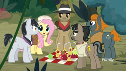 Size: 1920x1080 | Tagged: safe, screencap, biff, doctor caballeron, fluttershy, rogue (g4), withers, earth pony, pegasus, pony, daring doubt, g4, apple, apple juice, discovery family logo, female, food, henchmen, juice, jungle, male, mare, picnic, picnic blanket, saddle bag, stallion