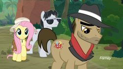 Size: 1920x1080 | Tagged: safe, screencap, biff, fluttershy, withers, earth pony, pegasus, pony, daring doubt, g4, disappointed, discovery family logo, female, hat, henchmen, jungle, male, mare, sad, saddle bag, stallion, trio
