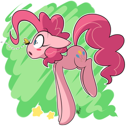 Size: 2000x2000 | Tagged: safe, artist:red-poni, pinkie pie, butterfly, earth pony, pony, g4, abstract background, blush sticker, blushing, butterfly on nose, cute, diapinkes, female, floppy ears, high res, insect on nose, looking at something, mare, open mouth, profile, solo, stars