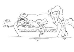 Size: 2472x1736 | Tagged: safe, artist:gafelpoez, pinkie pie, rainbow dash, earth pony, pegasus, pony, g4, black and white, couch, grayscale, hanging out, monochrome, smiling, the rolling stones