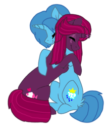 Size: 1080x1260 | Tagged: safe, artist:徐詩珮, fizzlepop berrytwist, spring rain, tempest shadow, pony, unicorn, g4, alternate hairstyle, base used, broken horn, cute, eyes closed, female, horn, hug, lesbian, mare, ship:springshadow, shipping, simple background, springbetes, tempestbetes, transparent background