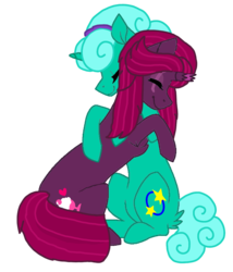 Size: 1080x1260 | Tagged: safe, artist:徐詩珮, fizzlepop berrytwist, glitter drops, tempest shadow, pony, unicorn, g4, alternate hairstyle, base used, broken horn, cute, eyes closed, female, glitterbetes, horn, hug, lesbian, mare, ship:glittershadow, shipping, simple background, tempestbetes, transparent background