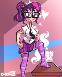 Size: 962x1189 | Tagged: safe, artist:duckoiii, sci-twi, twilight sparkle, human, g4, blushing, clothes, female, glasses, heart, humanized, ponytail, skirt, smiling, socks, solo, striped socks, thigh highs, white pupils, zettai ryouiki