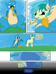 Size: 768x1024 | Tagged: safe, artist:mrleft, gallus, sandbar, oc, oc:gyro feather, oc:gyro tech, earth pony, griffon, pony, g4, comic, dialogue, fetish, galluspred, griffonized, implied vore, male, micro, species swap