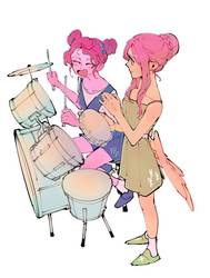 Size: 778x1027 | Tagged: safe, artist:dusty-munji, fluttershy, pinkie pie, human, equestria girls, g4, butt wings, clothes, dress, drum kit, drumming, drums, drumsticks, humanized, musical instrument, simple background, tambourine, white background, winged humanization, wings