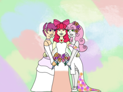 Size: 1024x768 | Tagged: safe, artist:mintymelody, apple bloom, scootaloo, sweetie belle, human, equestria girls, g4, bride, clothes, cutie mark crusaders, dress, humanized, marriage, wedding, wedding dress, wedding veil