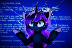 Size: 1500x1000 | Tagged: source needed, useless source url, safe, artist:magnaluna, edit, princess luna, alicorn, pony, g4, against glass, blue screen of death, broken glass, ethereal mane, female, galaxy mane, glass, mare, screen, shrug, solo