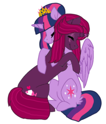 Size: 1080x1260 | Tagged: safe, artist:徐詩珮, fizzlepop berrytwist, tempest shadow, twilight sparkle, alicorn, pony, unicorn, g4, alternate hairstyle, base used, broken horn, cute, eyes closed, female, horn, hug, lesbian, mare, ship:tempestlight, shipping, simple background, tempestbetes, transparent background, twiabetes, twilight sparkle (alicorn)