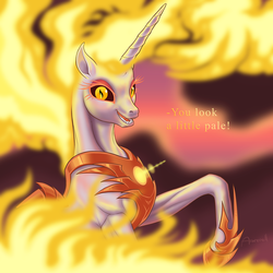 Size: 1280x1280 | Tagged: safe, artist:arareroll, daybreaker, alicorn, pony, g4, armor, chestplate, dark sclera, evil grin, fangs, female, fire, fire magic, grin, hoof shoes, looking at you, mane of fire, mare, missing accessory, mocking, raised hoof, slit pupils, smiling, solo, yellow eyes, yellow text
