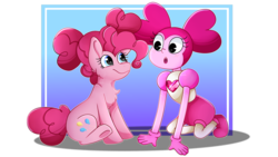 Size: 1192x670 | Tagged: safe, artist:sky-thepony65, pinkie pie, earth pony, gem (race), pony, g4, spoiler:steven universe: the movie, alternate hairstyle, chest fluff, crossover, default spinel, duo, duo female, female, gem, heart eyes, mare, spinel, spinel (steven universe), spoilers for another series, steven universe, steven universe: the movie, wingding eyes