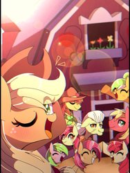 Size: 768x1024 | Tagged: safe, artist:erufi, apple bloom, apple bumpkin, apple leaves, applejack, babs seed, big macintosh, granny smith, half baked apple, red gala, earth pony, pony, apple family reunion, g4, season 3, adorababs, adorabloom, adorasmith, apple family, apple family member, apple siblings, apple sisters, applejack's hat, barn, big macintosh's yoke, blushing, braid, brother and sister, clothes, cowboy hat, cute, eye clipping through hair, female, filly, foal, freckles, granny smith's shawl, group, happy, hat, horse collar, jackabetes, lens flare, macabetes, male, mare, one eye closed, scarf, siblings, sisters, smiling, stallion, wink