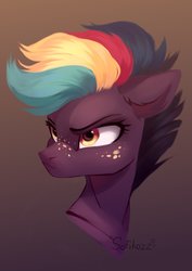 Size: 1527x2160 | Tagged: safe, artist:sofiko-ko, oc, oc only, pony, angry, bust, ear fluff, female, freckles, gradient background, mare, portrait, yellow eyes