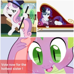 Size: 2896x2896 | Tagged: safe, edit, edited screencap, screencap, rarity, spike, sweetie belle, pony, unicorn, g4, growing up is hard to do, rarity investigates, cane, comparison, fainting couch, female, high res, male, older, older sweetie belle, sweat, sweating profusely, voting