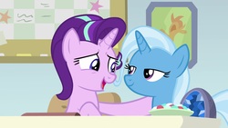 Size: 1920x1080 | Tagged: safe, screencap, starlight glimmer, trixie, pony, unicorn, a horse shoe-in, g4, female, geode, lidded eyes, looking at each other, mare, smiling
