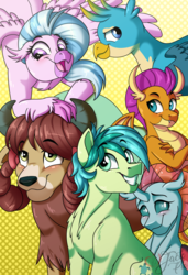 Size: 2393x3500 | Tagged: safe, artist:jack-pie, gallus, ocellus, sandbar, silverstream, smolder, yona, changedling, changeling, dragon, earth pony, griffon, hippogriff, pony, yak, g4, blushing, chest fluff, crossed arms, cute, cutie mark, diaocelles, diastreamies, female, gallabetes, grin, high res, looking at you, male, sandabetes, smiling, smolderbetes, student six, yonadorable