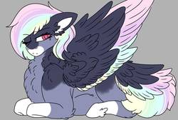 Size: 1091x732 | Tagged: safe, artist:thewolfonthemoon, oc, oc only, oc:rainbow quartz, pegasus, pony, colored wings, colored wingtips, female, gray background, magical lesbian spawn, mare, multicolored wings, offspring, parent:limestone pie, parent:rainbow dash, parents:limedash, prone, rainbow wings, simple background, solo, tail feathers, wings