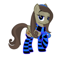 Size: 3291x3167 | Tagged: safe, artist:jackiejak, oc, oc only, oc:soprano, pegasus, pony, bedroom eyes, blue eyes, blue scarf, blue socks, brown mane, brown tail, clothes, female, high res, mare, pegasus oc, scarf, show accurate, simple background, socks, solo, striped socks, thigh highs, transparent background, vector