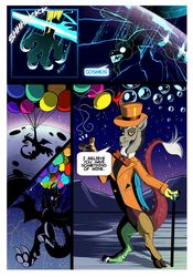 Size: 1024x1463 | Tagged: safe, artist:loryska, idw, cosmos, discord, draconequus, comic:moon landing, g4, spoiler:comic, spoiler:comic75, balloon, balloon popping, cane, clothes, comic, hat, magic, male, moon, papa wolf, party balloon, popping, solo, suit, this will end in death, this will end in tears, this will end in tears and/or death, top hat, zoot suit