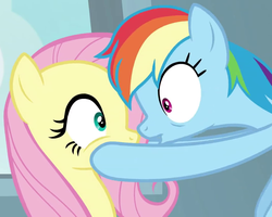 Size: 1071x857 | Tagged: safe, screencap, fluttershy, rainbow dash, pegasus, pony, daring doubt, cropped, eye contact, female, hooves on cheeks, looking at each other, mare, nose to nose, shipping fuel, wide eyes