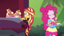 Size: 960x540 | Tagged: safe, screencap, pinkie pie, sunset shimmer, equestria girls, g4, my little pony equestria girls: choose your own ending, wake up!, wake up!: pinkie pie, animated, belt, bread, cinnamon bun, clothes, croissant, dress, female, food, food stand, food truck, forest, frosting, gif, jacket, jeans, jelly beans, junk food, pants, pastry, sprinkles, starswirl music festival, this will end in diabetes, this will end in tummy aches, this will not end well, tray, tree, waffle