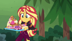 Size: 960x540 | Tagged: safe, screencap, pinkie pie, sunset shimmer, equestria girls, equestria girls series, g4, wake up!, spoiler:choose your own ending (season 2), spoiler:eqg series (season 2), animated, belt, bread, clothes, croissant, dress, female, food, forest, frosting, gif, imminent consumption, imminent stuffing, jacket, jeans, jelly beans, junk food, pants, pastry, sprinkles, starswirl music festival, this will end in diabetes, this will end in tummy aches, this will not end well, tree, waffle, wake up!: pinkie pie