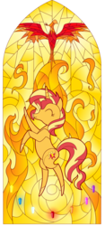 Size: 612x1305 | Tagged: safe, artist:sugar-loop, sunset shimmer, phoenix, pony, unicorn, g4, female, fiery shimmer, fire, geode of empathy, geode of fauna, geode of shielding, geode of sugar bombs, geode of super speed, geode of super strength, geode of telekinesis, magical geodes, mare, pointy ponies, stained glass, sunset shimmer day