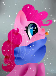 Size: 884x1192 | Tagged: safe, artist:lucinda250, pinkie pie, earth pony, pony, g4, bust, catching snowflakes, clothes, female, looking at something, mare, profile, scarf, snow, solo, tongue out, watermark