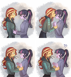 Size: 1758x1916 | Tagged: safe, artist:tcn1205, sci-twi, sunset shimmer, twilight sparkle, equestria girls, g4, accessory theft, female, lesbian, ship:sci-twishimmer, ship:sunsetsparkle, shipping