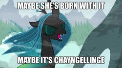 Size: 1920x1080 | Tagged: safe, edit, edited screencap, screencap, queen chrysalis, changeling, changeling queen, frenemies (episode), g4, caption, eyes closed, female, image macro, majestic as fuck, maybelline (brand), mountain, open mouth, snow, text, wind