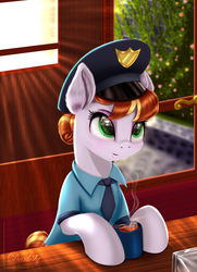 Size: 4550x6300 | Tagged: safe, artist:darksly, copper top, earth pony, pony, g4, absurd resolution, cafe, commission, cup, cute, door, drink, female, mare, police officer, reward, sitting, smiling, solo, table