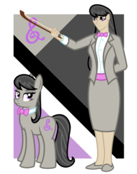 Size: 4289x5467 | Tagged: safe, artist:deroach, octavia melody, earth pony, human, pony, equestria project humanized, g4, abstract background, bow (instrument), bowtie, clothes, cutie mark, dress, duo, duo female, fanfic, fanfic art, female, humanized, jacket, mare, show accurate, simple background, skirt, transparent background