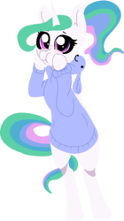 Size: 553x984 | Tagged: safe, artist:nootaz, princess celestia, alicorn, pony, semi-anthro, g4, arm hooves, bipedal, bunny sweater, clothes, cute, cutelestia, female, looking at you, mare, ponytail, simple background, solo, squishy cheeks, sweater, transparent background