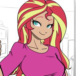 Size: 1042x1042 | Tagged: safe, artist:eve-ashgrove, artist:reiduran, sunset shimmer, equestria girls, g4, clothes, collaboration, colored, female, lidded eyes, partial color, shirt, smiling, solo