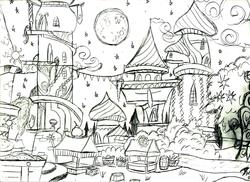 Size: 2338x1700 | Tagged: safe, artist:radiancebreaker, canterlot castle, monochrome, no pony, traditional art