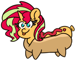 Size: 1100x900 | Tagged: safe, artist:threetwotwo32232, sunset shimmer, pony, unicorn, g4, cute, female, food, hot dog, mare, meat, mlem, no pupils, sausage, sausage pony, shimmerbetes, silly, solo, tongue out, wat