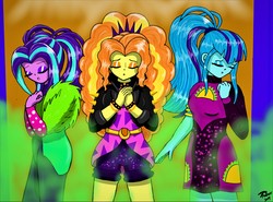 Size: 11600x8600 | Tagged: safe, artist:radiancebreaker, adagio dazzle, aria blaze, sonata dusk, equestria girls, find the magic, g4, my little pony equestria girls: better together, absurd resolution, clothes, dress, food, greenbutt pants, jacket, leather jacket, ponytail, shorts, taco, taco dress, the dazzlings, unleash the magic