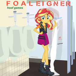Size: 2000x2000 | Tagged: safe, artist:grapefruitface1, artist:illumnious, sunset shimmer, equestria girls, g4, album cover, bathroom, cleaning, clothes, equestria girls-ified album cover, female, foreigner, graffiti, high res, parody, show accurate, solo, tissue, urinal, worried