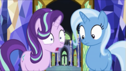 Size: 1334x750 | Tagged: safe, screencap, spike, starlight glimmer, trixie, pony, unicorn, all bottled up, g4, confused, female, looking down, mare, open mouth, shocked, shocked expression, shrunken pupils
